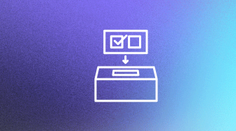 A graphic depicting a ballot box with a checked box above it, symbolizing the act of voting. The background is a gradient from purple to blue.