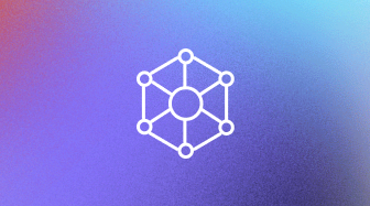 A white network icon with interconnected nodes is centered on a gradient background that transitions from red and blue to purple.