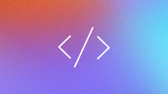 An image of a gradient background transitioning from orange to blue, featuring white HTML code brackets at the center.