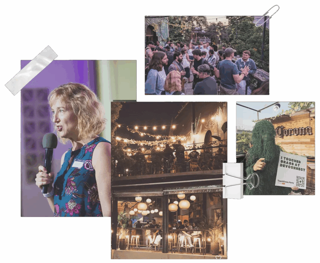 Co-CEO of o1Labs, Nicole Farrar on the left, images of two Mina events in the middle, and image of man in grassman suit to promote TouchGrass POC app on the right.